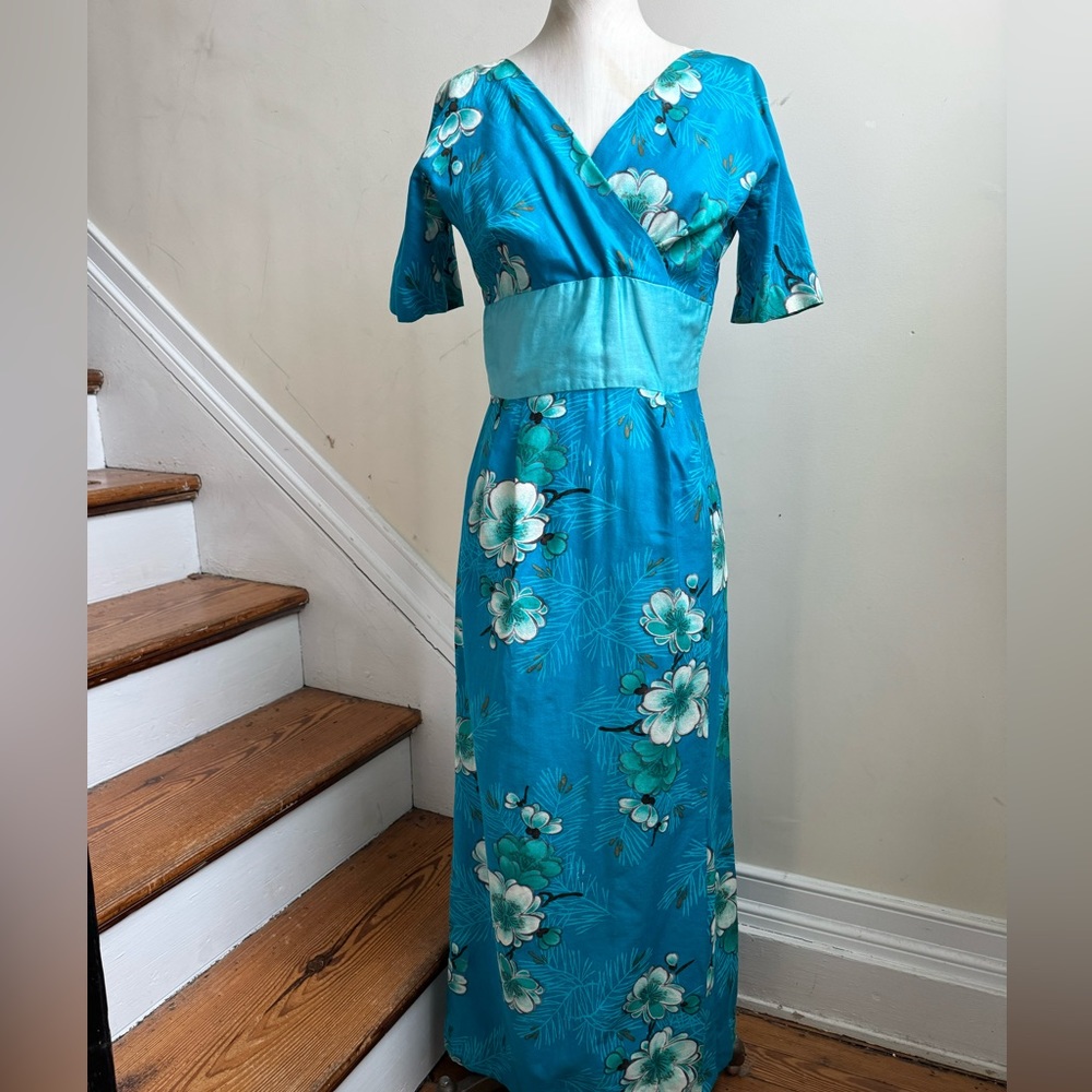 Pikake Blue Floral Hawaiian Hawaii Maxi Dress, 1960s Vintage, Women’s M Medium